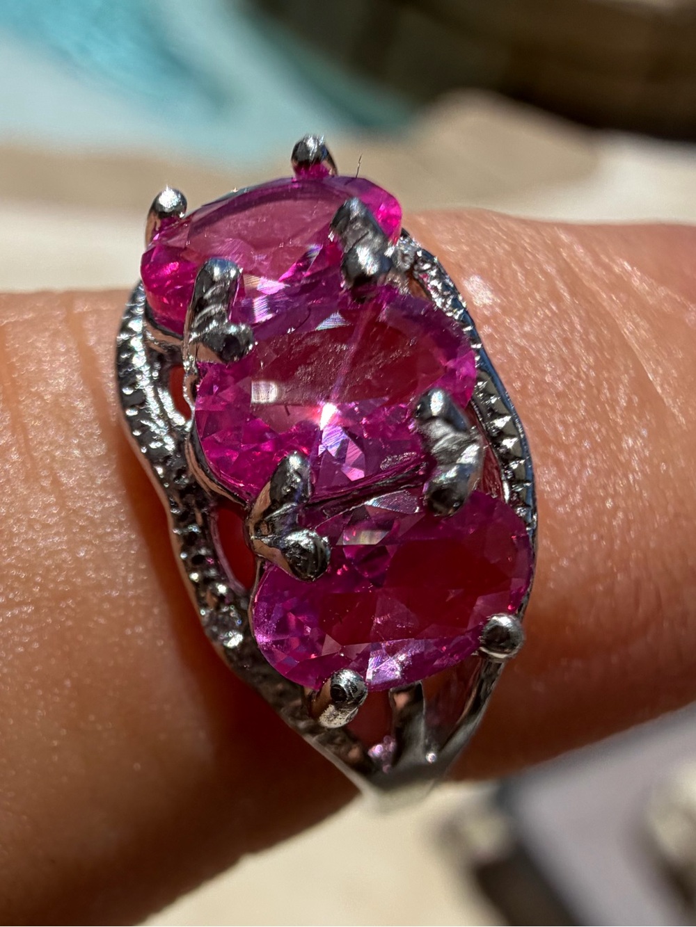 Pink Topaz Triple-Stone with Diamonds  Sterling Ring - Vibrant Pink Gem Trio